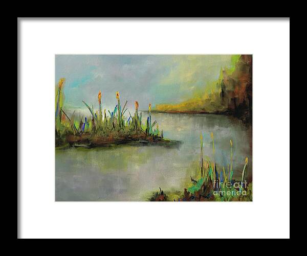 Marshes Framed Print featuring the painting A Few Cattails by Frances Marino