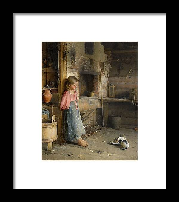 Ivan Lavrentievich Gorokhov Russia 1863-1934 A Girl With Kittens Framed Print featuring the painting A girl with kittens by MotionAge Designs