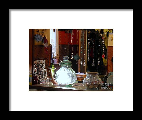 Light Jar Room Crystals Glass Window Orange Yellow Brown Black White Green Blue Red Beads Framed Print featuring the photograph A jar of Light by Ida Eriksen