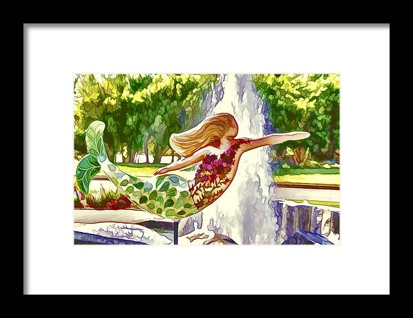 Mermaid Framed Print featuring the painting A mermaid in a norfolk botanical gardens 1 by Jeelan Clark
