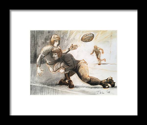 Retroimages Framed Print featuring the drawing A Productive Tackle by John DeLorimier