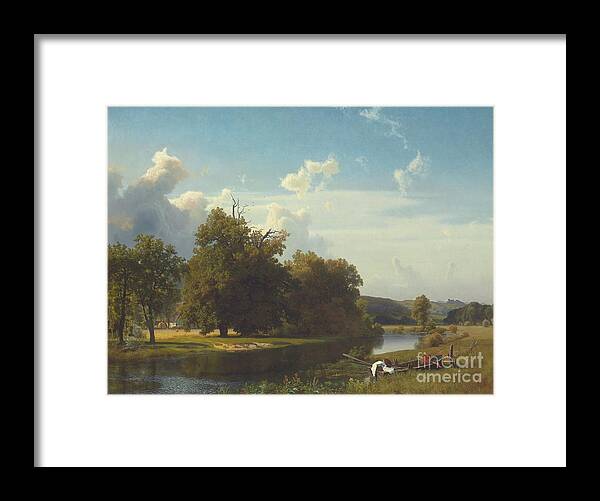 Landscape; Romantic; Romanticist; German; Germany; Westphalia; Westphalian; River; Riverscape; Landscape; Rural; Countryside; Scenic; Picturesque; Atmospheric; Riverbank; Boat; Calm; Peaceful; Atmospheric; Warm; Sunny; Blue Sky Framed Print featuring the painting A river landscape Westphalia by Albert Bierstadt