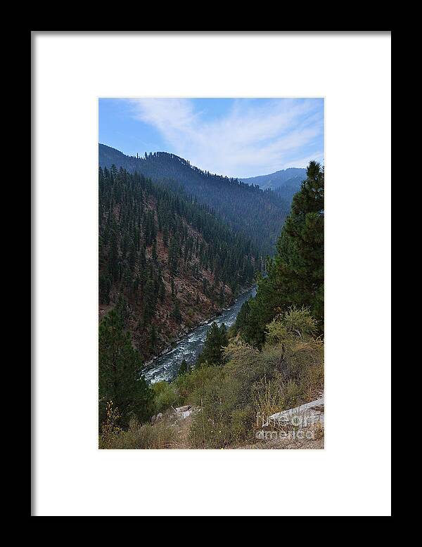 Landscape Mountains River Tree Trees Sky West Western Valley Idaho Scene Scenery Water Pine Mountain Framed Print featuring the photograph A River Runs Through It by Ken DePue