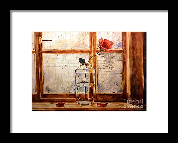 Rose Framed Print featuring the painting A rose in a glass jar on a rainy day by Christopher Shellhammer