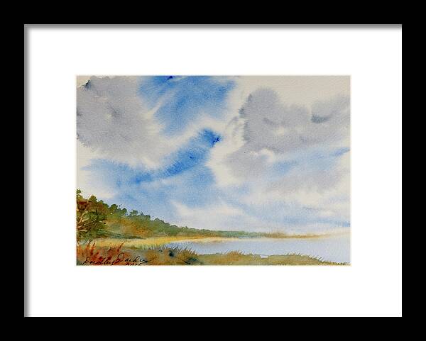 Beach Framed Print featuring the painting A secluded Inlet beneath billowing clouds by Dorothy Darden