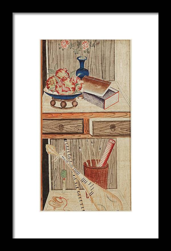 A Shelf With Pomegranates Framed Print featuring the painting A Shelf With Pomegranates, Flowers, Music Instrument, Brushes And A Book by Eastern Accents