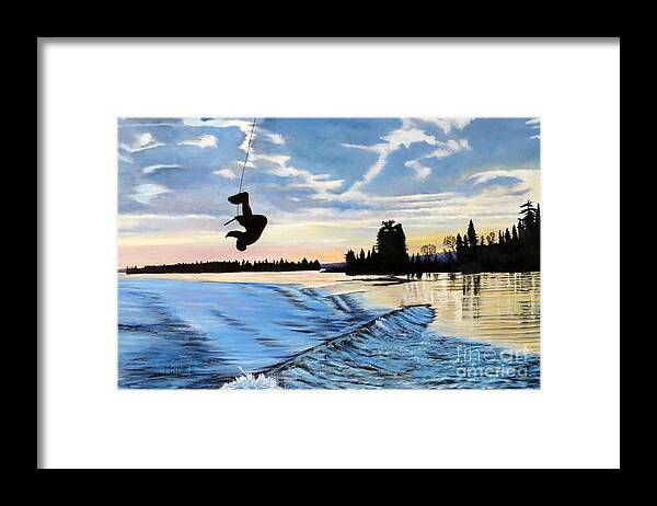 Water Boarding Framed Print featuring the painting A Sunset Show by Marilyn McNish