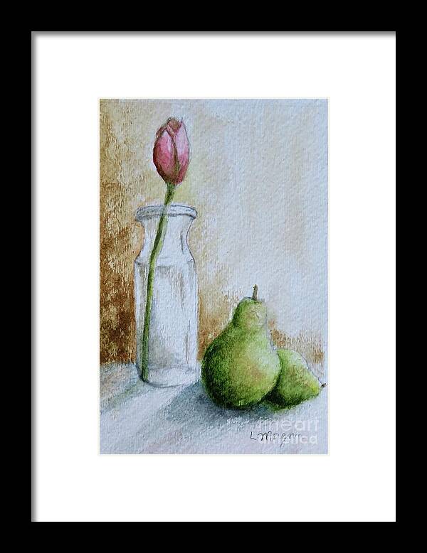 Tulip Framed Print featuring the painting A Tulip and Two Pears by Laurie Morgan