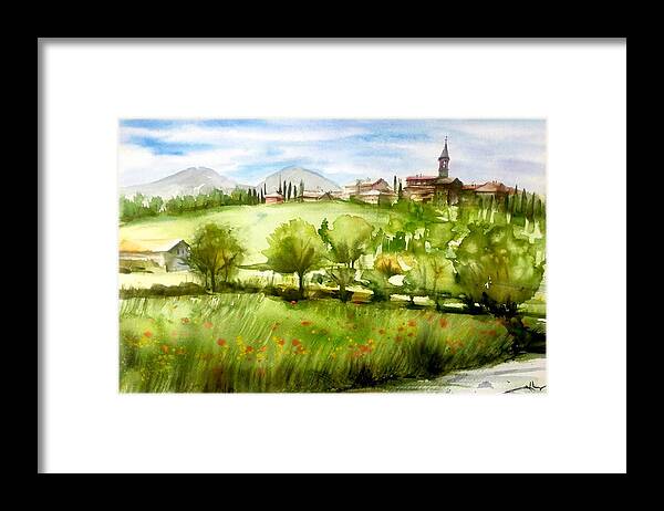 Nature Framed Print featuring the painting A view from Tuscany by Katerina Kovatcheva