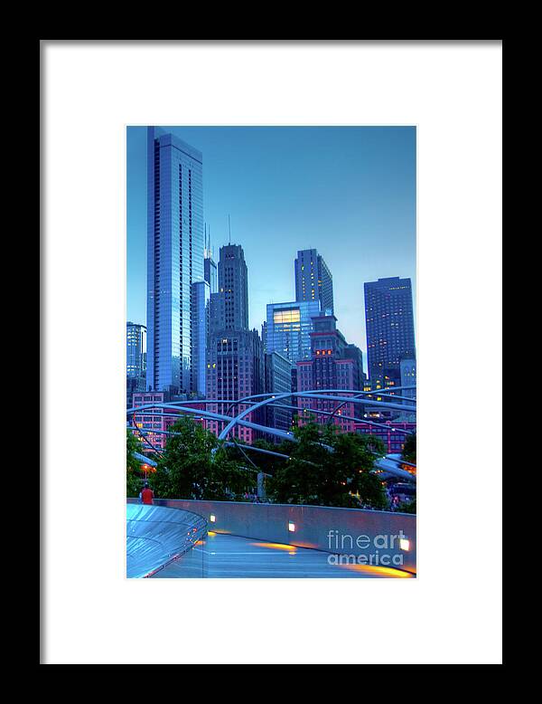 Amoco Bridge Framed Print featuring the photograph A View of Millenium Park from the Amoco Bridge in Chicago at Dus by David Levin