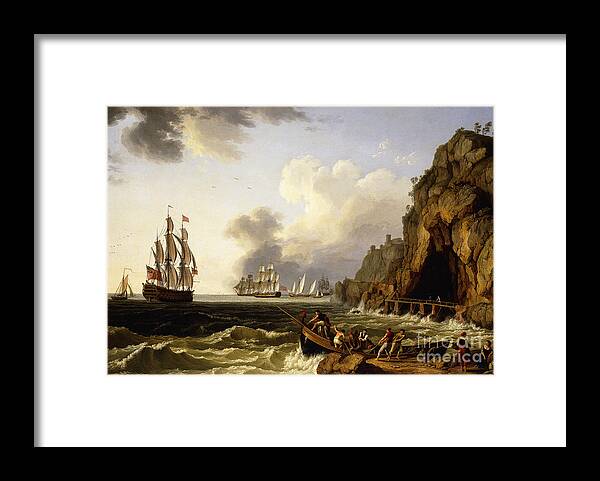 Cliff Framed Print featuring the painting A View of the Coast near Naples with a British Royal Navy Three-Decker by Jacob-Philippe Hackert