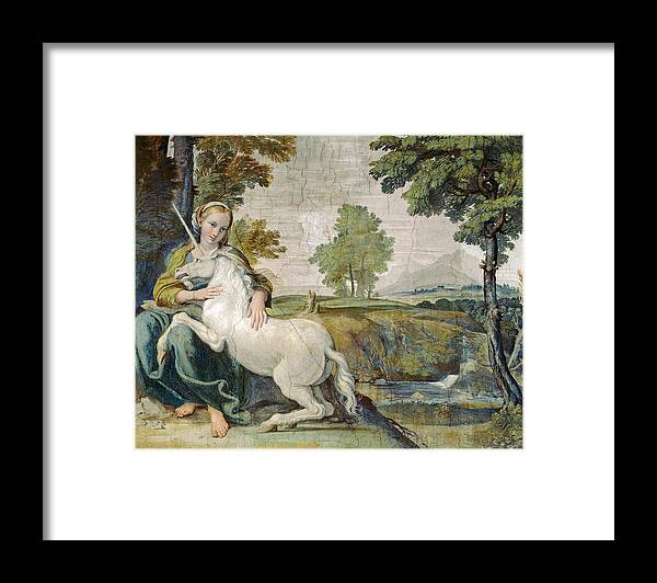 Domenichino Framed Print featuring the painting A Virgin with a Unicorn by Domenichino