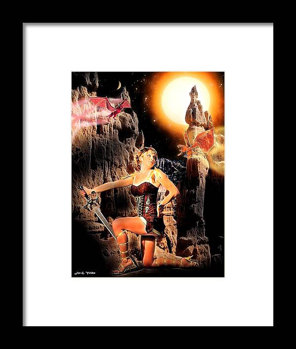 Fantasy Framed Print featuring the painting A Warrior and 2 fairy Dragons by Jon Volden