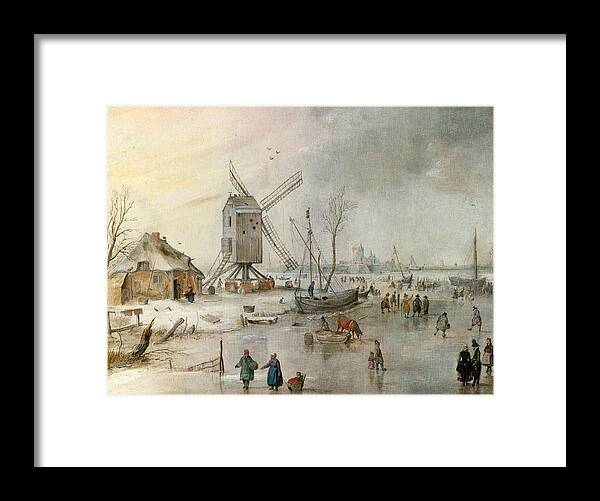 Hendrick Avercamp Framed Print featuring the painting A Winter Scene with a Windmill and Figures on a Frozen River by Hendrick Avercamp