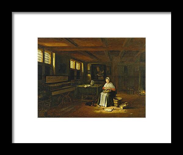 Govert Dircksz Camphuysen Framed Print featuring the painting A Woman in an Interior peeling Vegetables by Govert Dircksz Camphuysen