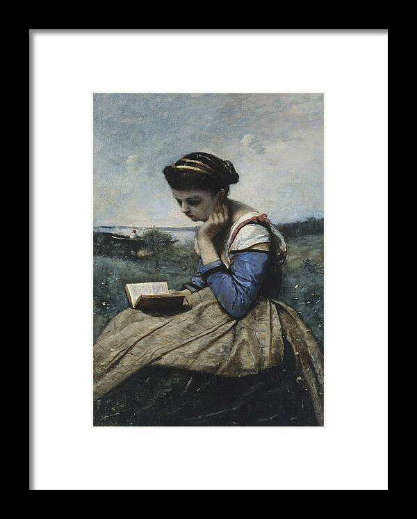 19th Century Art Framed Print featuring the painting A Woman Reading by Jean-Baptiste-Camille Corot