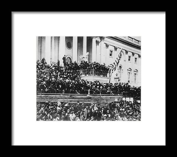 second Inaugural Address Framed Print featuring the photograph Abraham Lincoln gives his second inaugural address - March 4 1865 by International Images