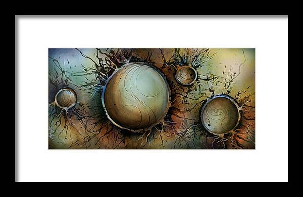 Abstract Design Circles Spheres Impact Explosive Earth Tones Blues Fantasy Art Painting Framed Print featuring the painting Abstract Design 46 by Michael Lang
