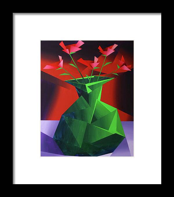 Red Roses Framed Print featuring the painting Abstract Flower Vase Prism Acrylic Painting by Mark Webster