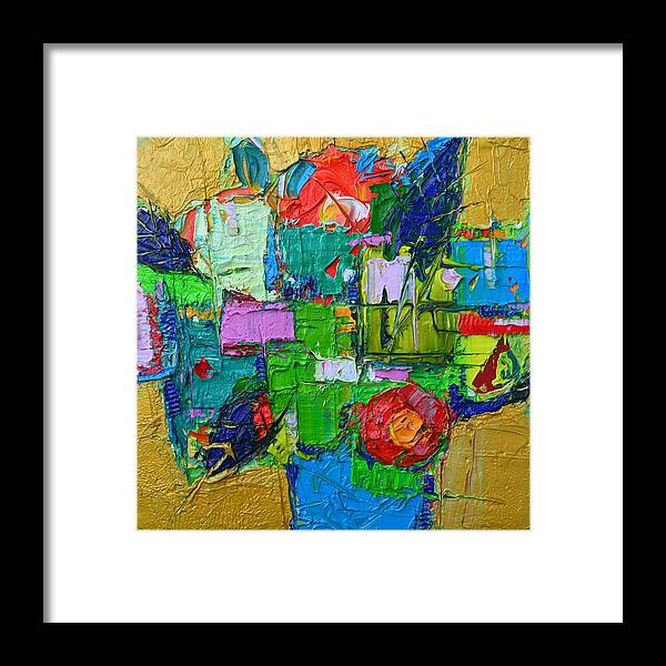 Rose Framed Print featuring the painting Abstract Flowers On Gold Contemporary Impressionist Palette Knife Oil Painting By Ana Maria Edulescu by Ana Maria Edulescu