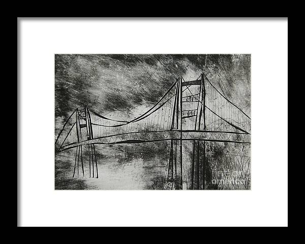 Golden Gate Bridge Framed Print featuring the mixed media Abstract Golden Gate Bridge Black and White Dry Point Print Cropped by Marina McLain