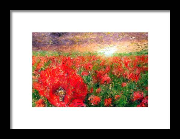Rafael Salazar Framed Print featuring the mixed media Abstract Landscape of Red Poppies by Rafael Salazar