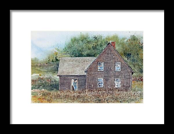 A Farmer Stands In The Doorway Of An Old Weathered House At The Acadian Historical Village Near Caraquet Framed Print featuring the painting Acadia House by Monte Toon