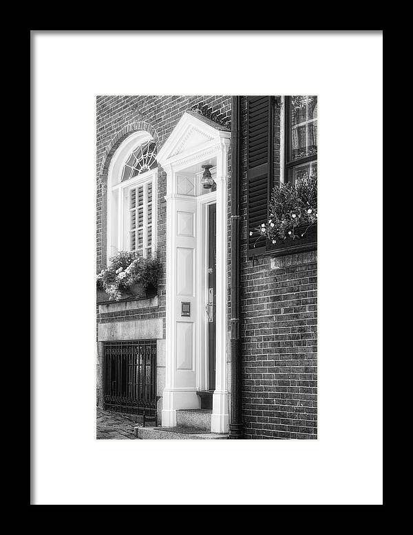 Acorn Street Framed Print featuring the photograph Acorn Street Door And Windows BW by Susan Candelario