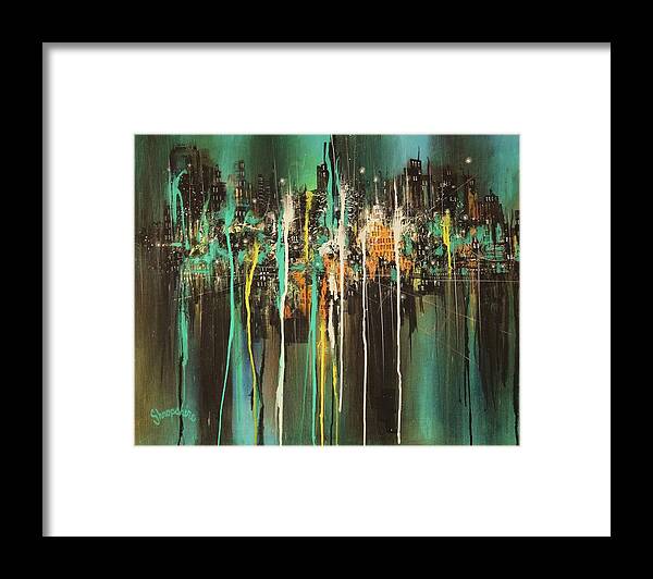 Semi-abstract; City Lights; City At Night; Tom Shropshire Paintings; Impressionistic; Night Lights; Cityscape; Urban Landscape Framed Print featuring the painting Across The Bay by Tom Shropshire