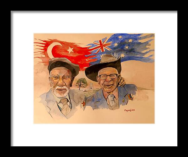 Anzac Day Framed Print featuring the painting Adil Sahin and Len Hall by Ray Agius