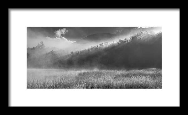 300 Adirondack Misty Morning #2 B&w Adirondacks New York United States Usa Sky Clouds Mist Fog Beams Rays Pano Panorama Tree Trees Mountain Mountains Flora Landscape Peak Peaks Outside Lake Water Outdoors Field Monochrome Fields Cloudy Day Fall Horizontal Wide Panoramic Silver Silvery Monochrome Vista Vistas Country Steve Steven Maxx Photography Photo Photographs Framed Print featuring the photograph Adirondack Misty Morning #2 by Steven Maxx