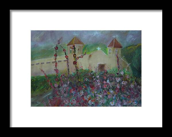 Spanish Mission Framed Print featuring the painting Adobe Spring Mission by Susan Esbensen