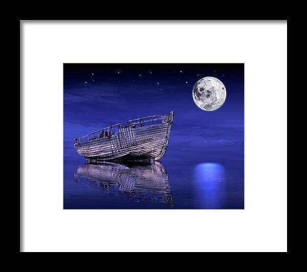 Old Fishing Boat Framed Print featuring the photograph Adrift in The Moonlight - Old Fishing Boat by Gill Billington