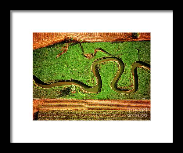 Aerial Framed Print featuring the photograph aerial, farm, stream, northern, Illinois, farms, meandering by Tom Jelen