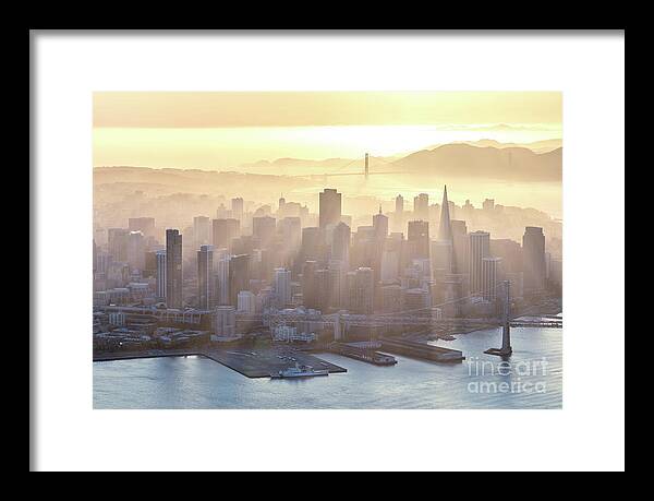 Aerial Framed Print featuring the photograph Aerial of downtown district at sunset, San Francisco, USA by Matteo Colombo
