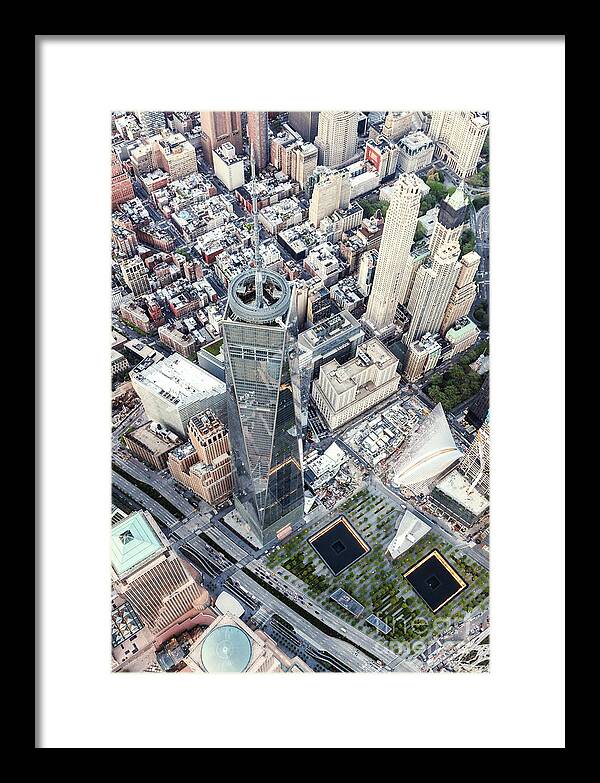 Freedom Tower Framed Print featuring the photograph Aerial of One World Trade Center and 9/11 memorial, New York, US by Matteo Colombo