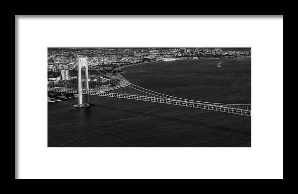 Verrazano Bridge Framed Print featuring the photograph Aerial View Verrazano Bridge And Brooklyn BW by Susan Candelario