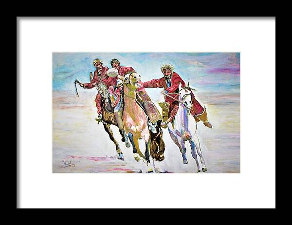 Afghanistan Framed Print featuring the painting Afghan sport. by Khalid Saeed
