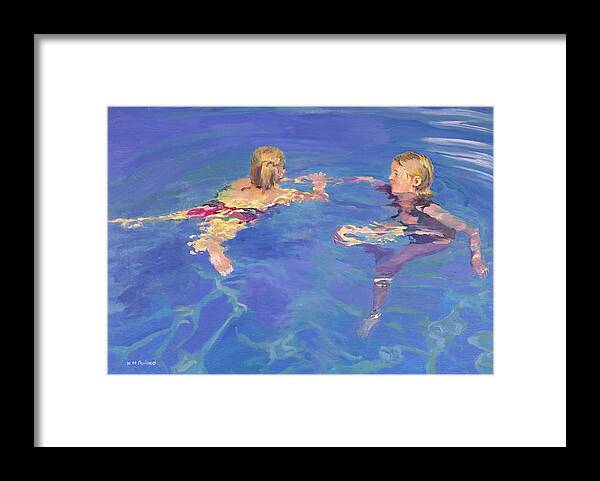 Children; Playing; Treading Water; Girls; Leisure; Swimming Pool; Sea; Holiday; Vacation; Female; Happy; Happiness; Child; Blue; Bather; Bathers; Swimming; Afloat Framed Print featuring the painting Afloat by William Ireland