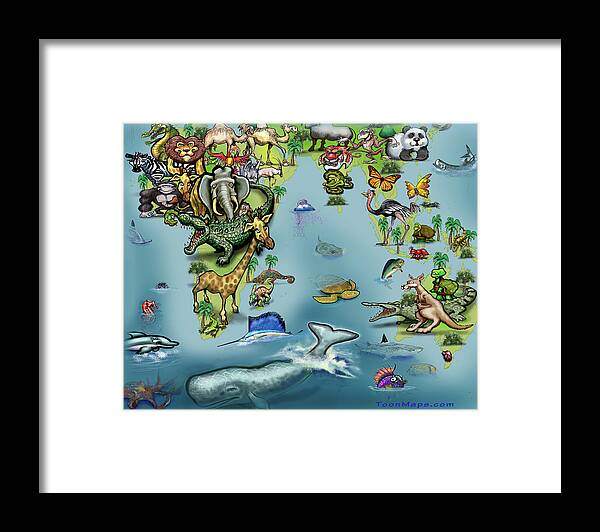 Africa Framed Print featuring the digital art Africa Oceania Animals Map by Kevin Middleton