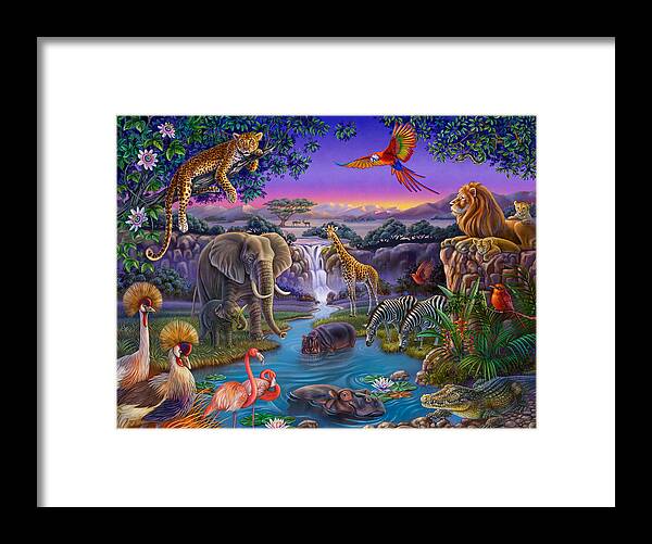 Africa Framed Print featuring the painting African Animals at the Water Hole by Anne Wertheim