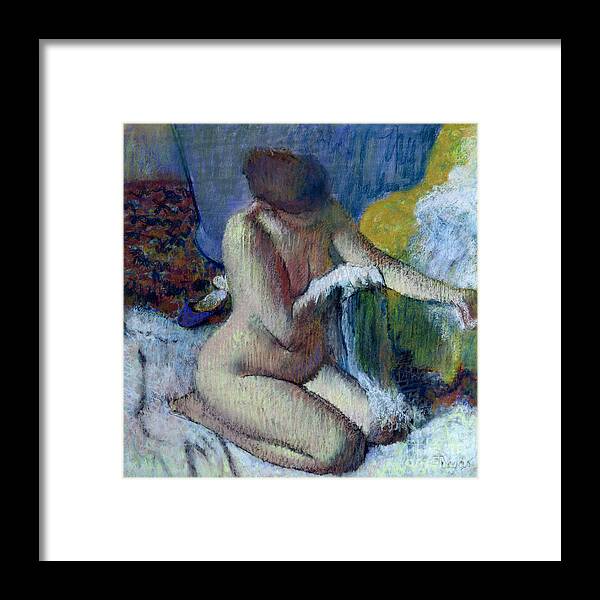 After Framed Print featuring the painting After the Bath by Edgar Degas
