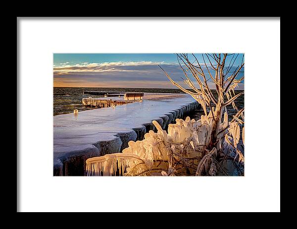 #wisconsin #outdoor #fineart #landscape #photograph #wisconsinbeauty #doorcounty #doorcountybeauty #passionforphotography #sony #canon #tripodallways #beautyofnature #history #metalman #passionformonotone #homeandofficedecor #streamingmedia #ice #water #bench #winter #sunset #trees #waves #clouds #peace #storm Framed Print featuring the photograph After The Blow by David Heilman