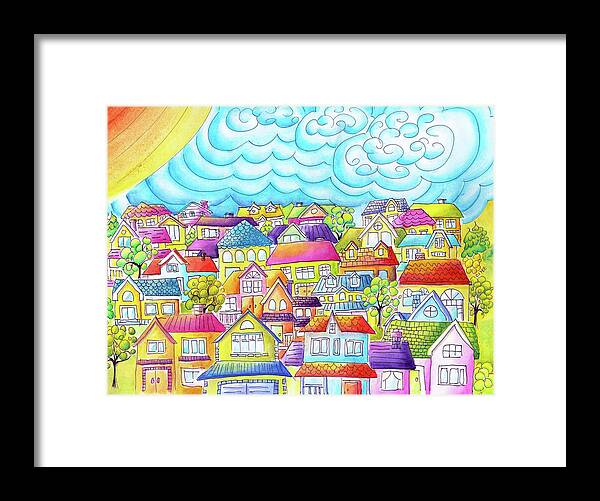 Whimsical Houses Framed Print featuring the painting After The Dust Has Settled by Oiyee At Oystudio