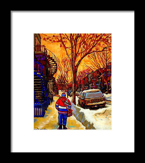 Montreal Framed Print featuring the painting After The Hockey Game A Winter Walk At Sundown Montreal City Scene Painting By Carole Spandau by Carole Spandau