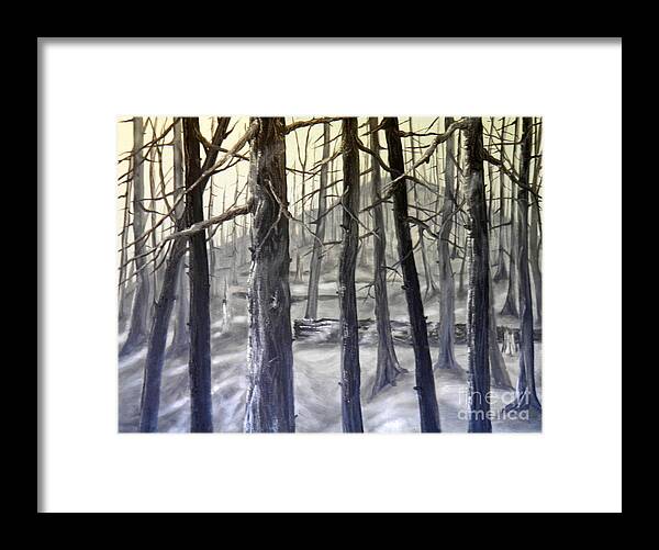 Burnt Trees Ash Yellow Grey Black Landscape Hill Sky Ground Log Light Shadow Dark Framed Print featuring the painting Aftermath 2 by Ida Eriksen
