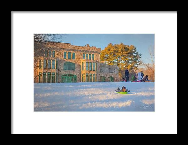 Landscape Framed Print featuring the painting Afternoon Sledding at Borderland by Bill McEntee