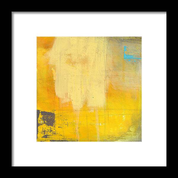 Abstract Painting Yellow Grey Gray Blue White abstract Painting Sun Afternoon Urban Loft urban Loft Lines Warm abstract Art By Linda Woods Square coffee House Style Hotel Office Lobby Healthcare Bedroom Living Room Entrance Framed Print featuring the painting Afternoon Sun -Large by Linda Woods