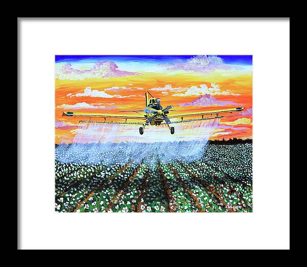 Air Tractor Framed Print featuring the painting Air Tractor at Sunset Over Cotton by Karl Wagner