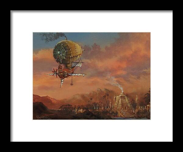 : Atlantis Framed Print featuring the painting Airship Over Atlantis Steampunk Series by Tom Shropshire